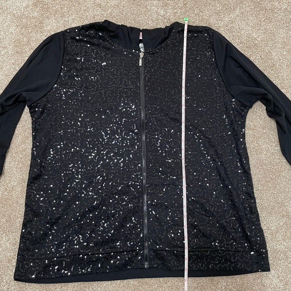 NWOT Quacker Factory XL Black 3/4 Sleeve Sequin Scroll Knit Jacket with Hood - Picture 14 of 15